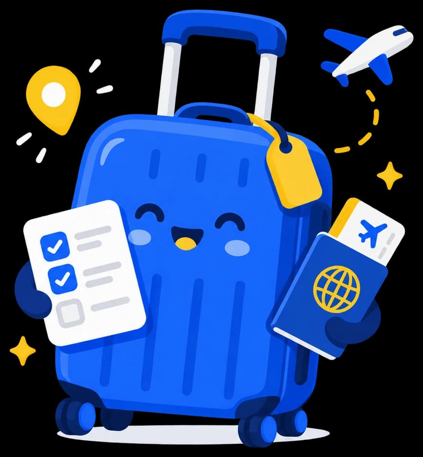 Mascote do MalaCheck, uma mala azul com checklist, passaporte e avião